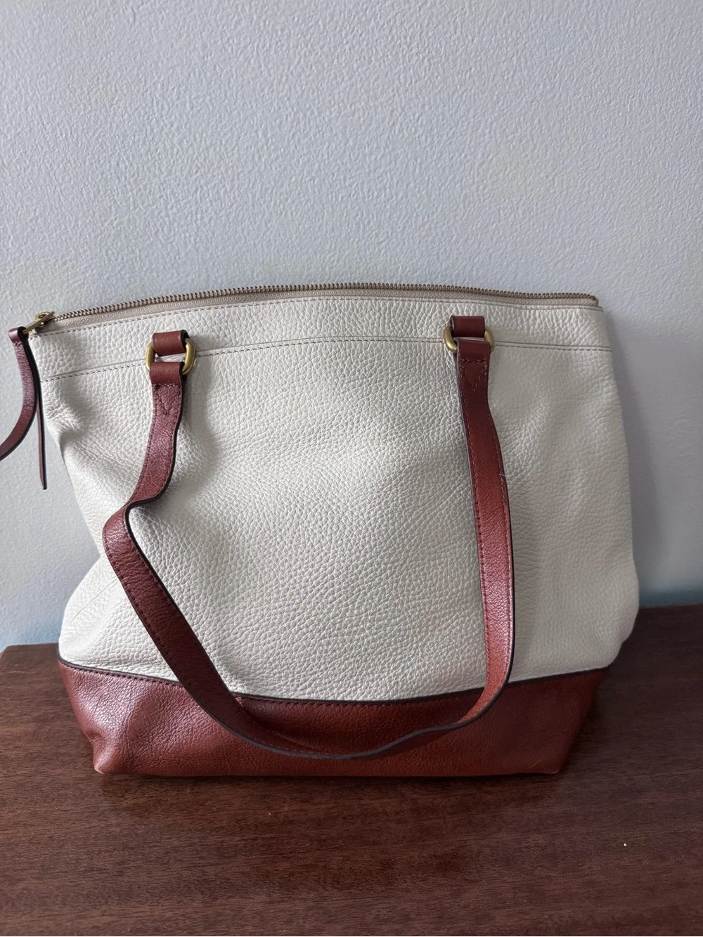 Fossil Two-Tone Cream and Brown Pebbled Leather Tote